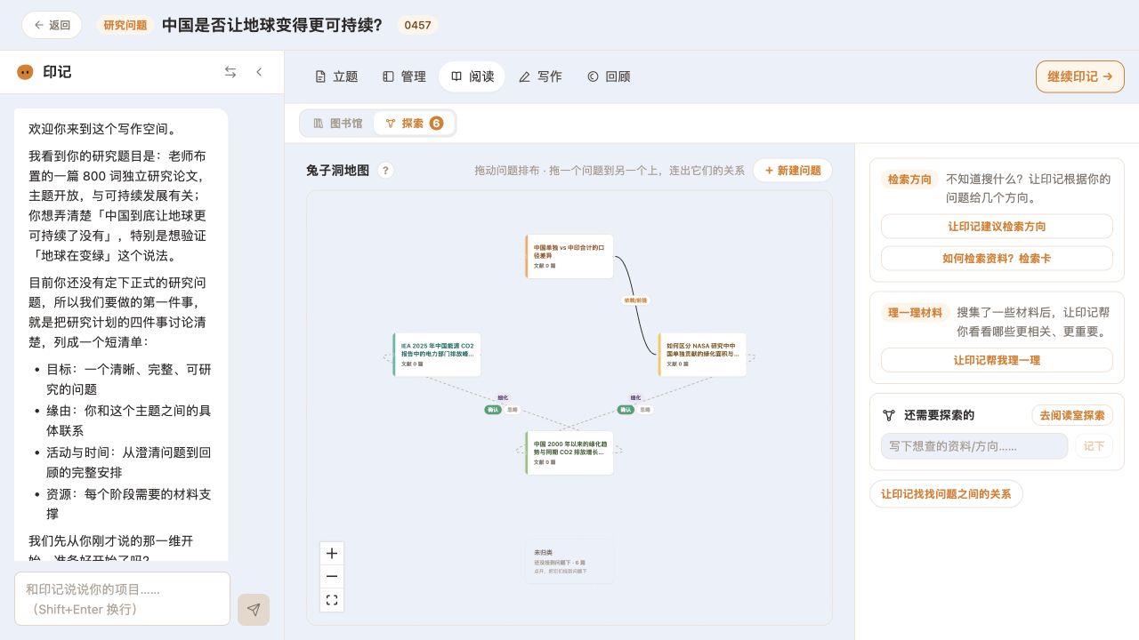 在线演示项目的兔子洞地图:问题、关系和待归类材料可以分别组织。 思维印记 Pro 阅读空间中的问题关系图